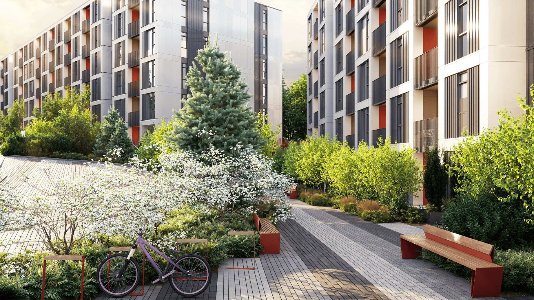 Outdoor gathering space at Koto, a new SFU student housing project on Burnaby Mountain.